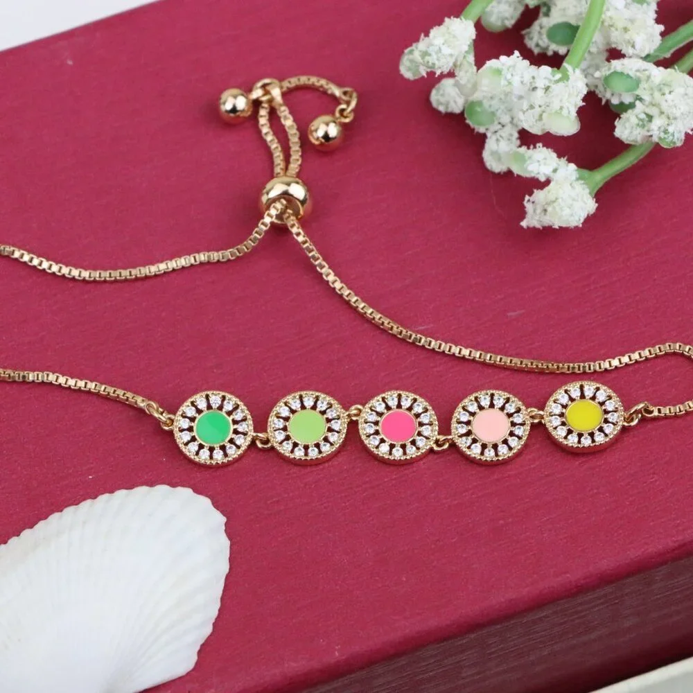 Rose Gold Adjustable Bracelet with Colorful CZ Disc Charms, XPAB0659